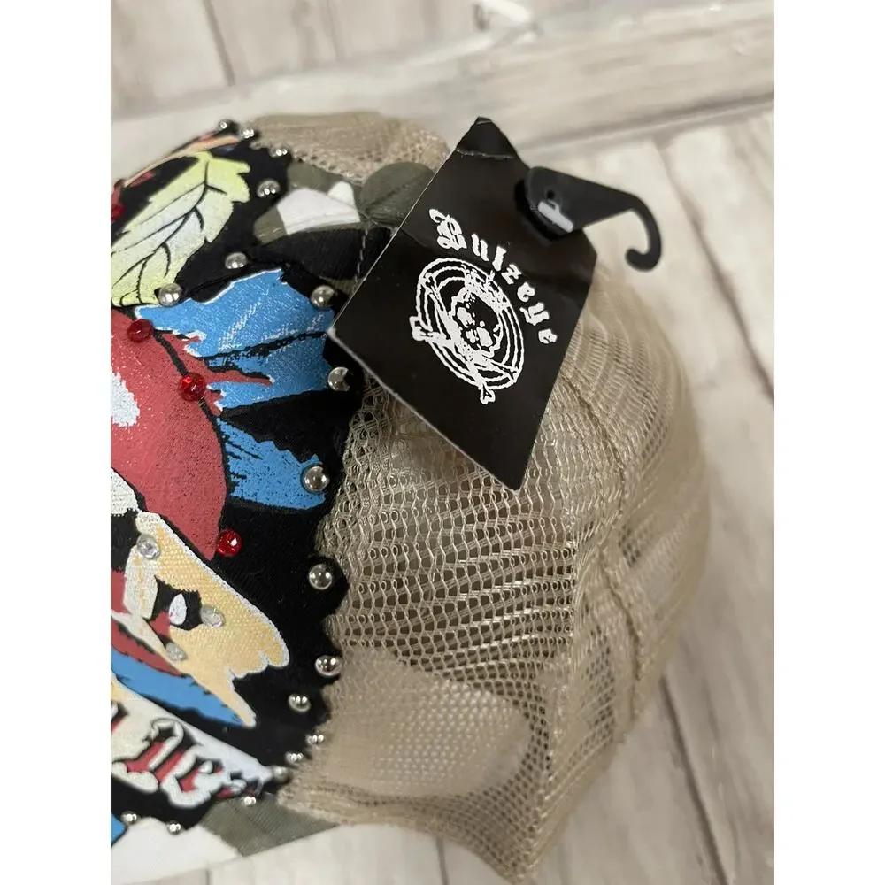 Bulzeye Hat Mens Beaded Cap Camo Tease Me Print Heart Embroidered Ripped A3
